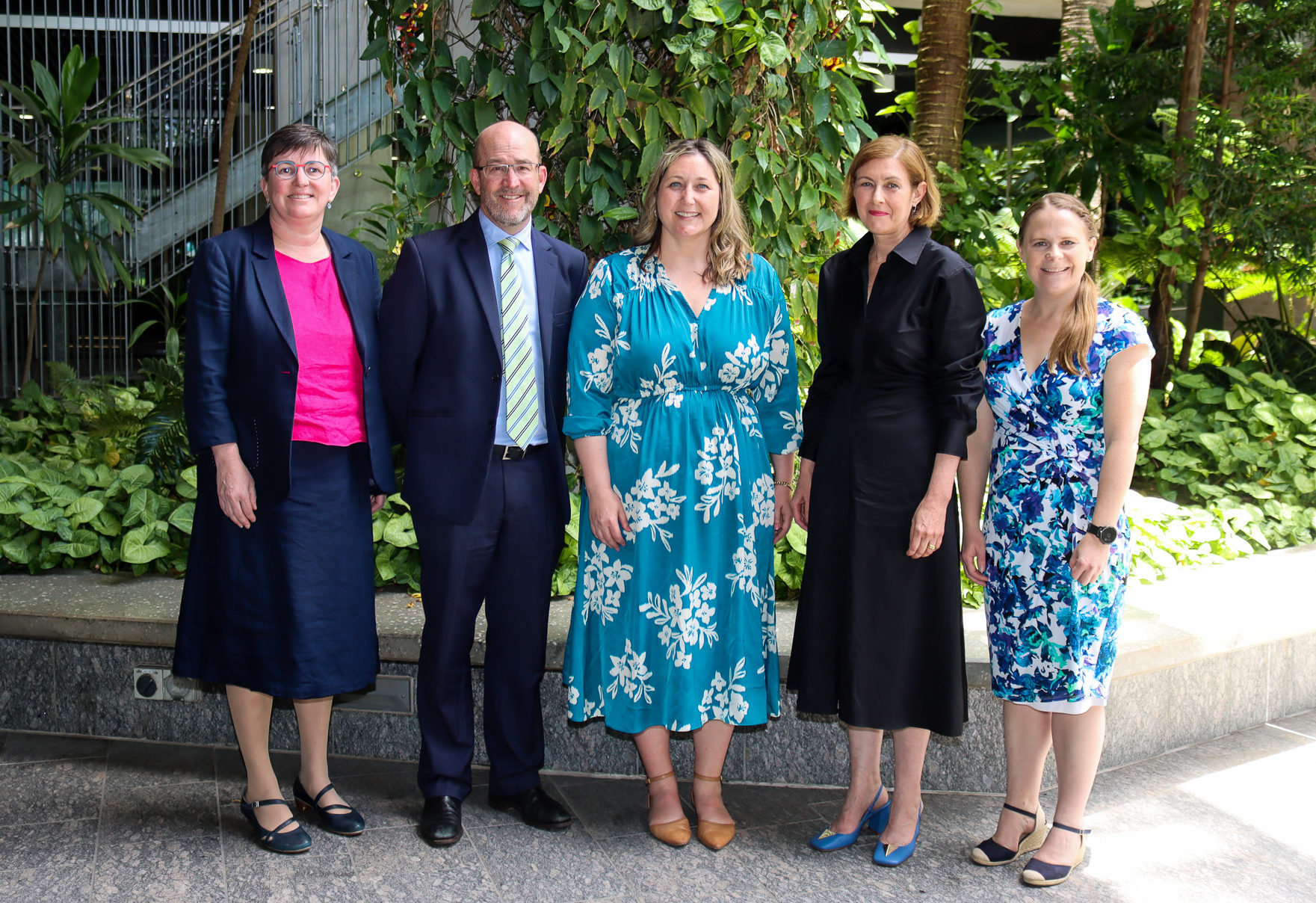 Pictured, from left: NHMRC acting CEO Clare McLaughlin; Wesley Research Institute CEO Andrew Barron; Emma McBride, Assistant Minister for Mental Health and Suicide Prevention, Assistant Minister for Rural and Regional Health; Dr Zephanie Tyack, QUT; Dr Bridget Abell, QUT